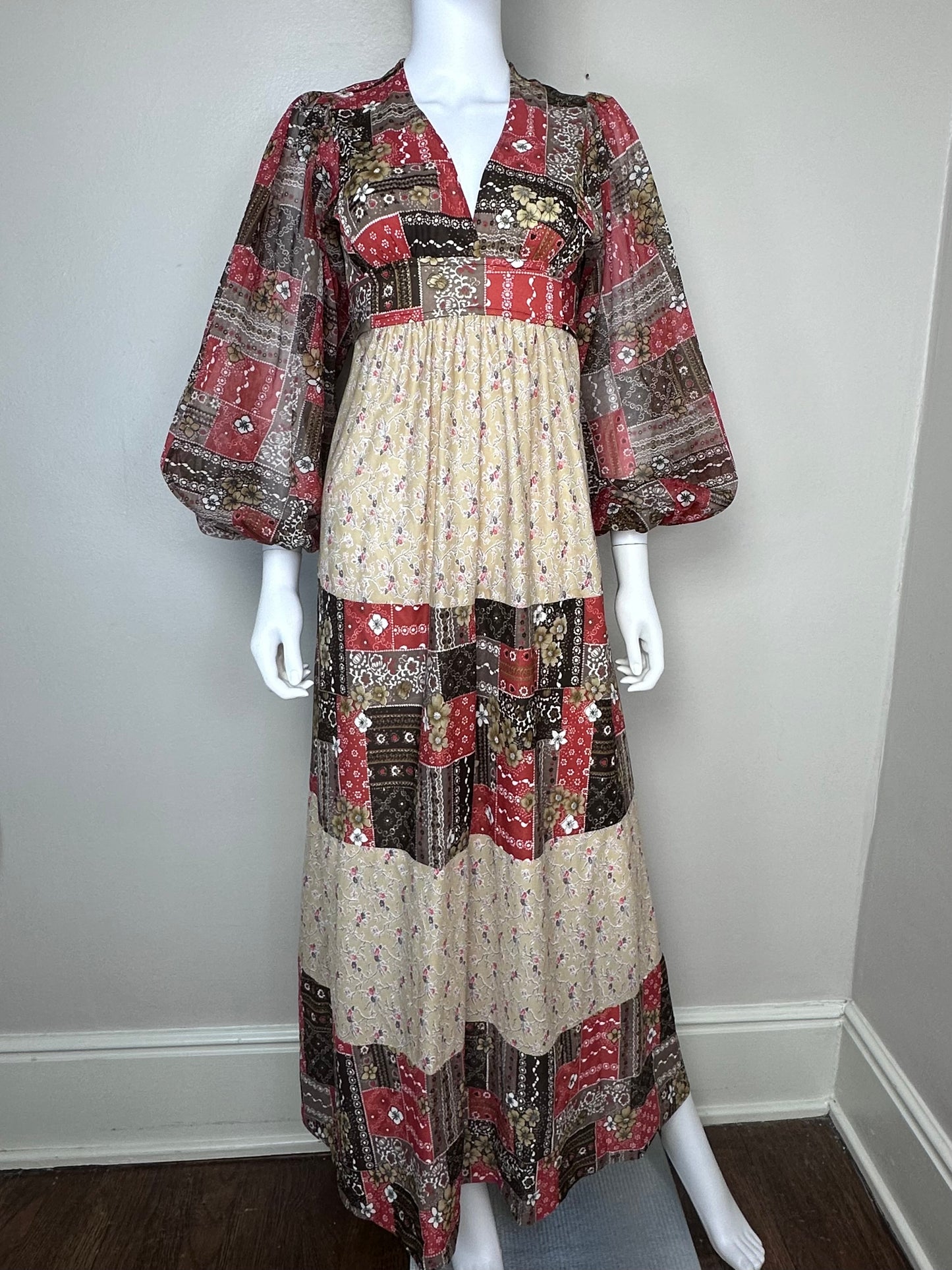 1970s Patchwork Print Boho Maxi Dress, Size XS, Sheer Balloon Sleeves