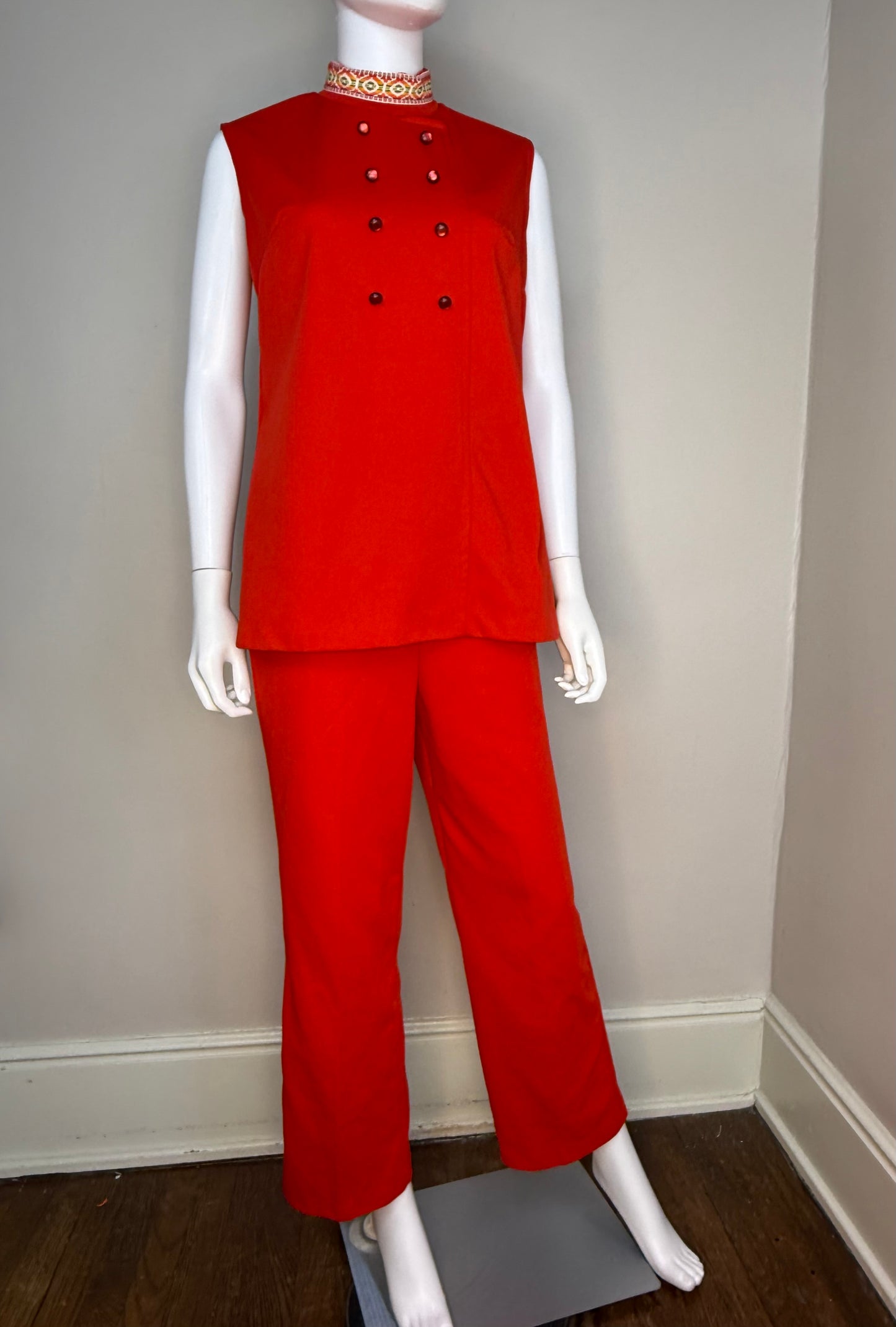 1960s/70s Mod Red Pant Suit, Sleeveless Top and Pants, Polyester Double Knit with Rainbow Trim, Size Medium