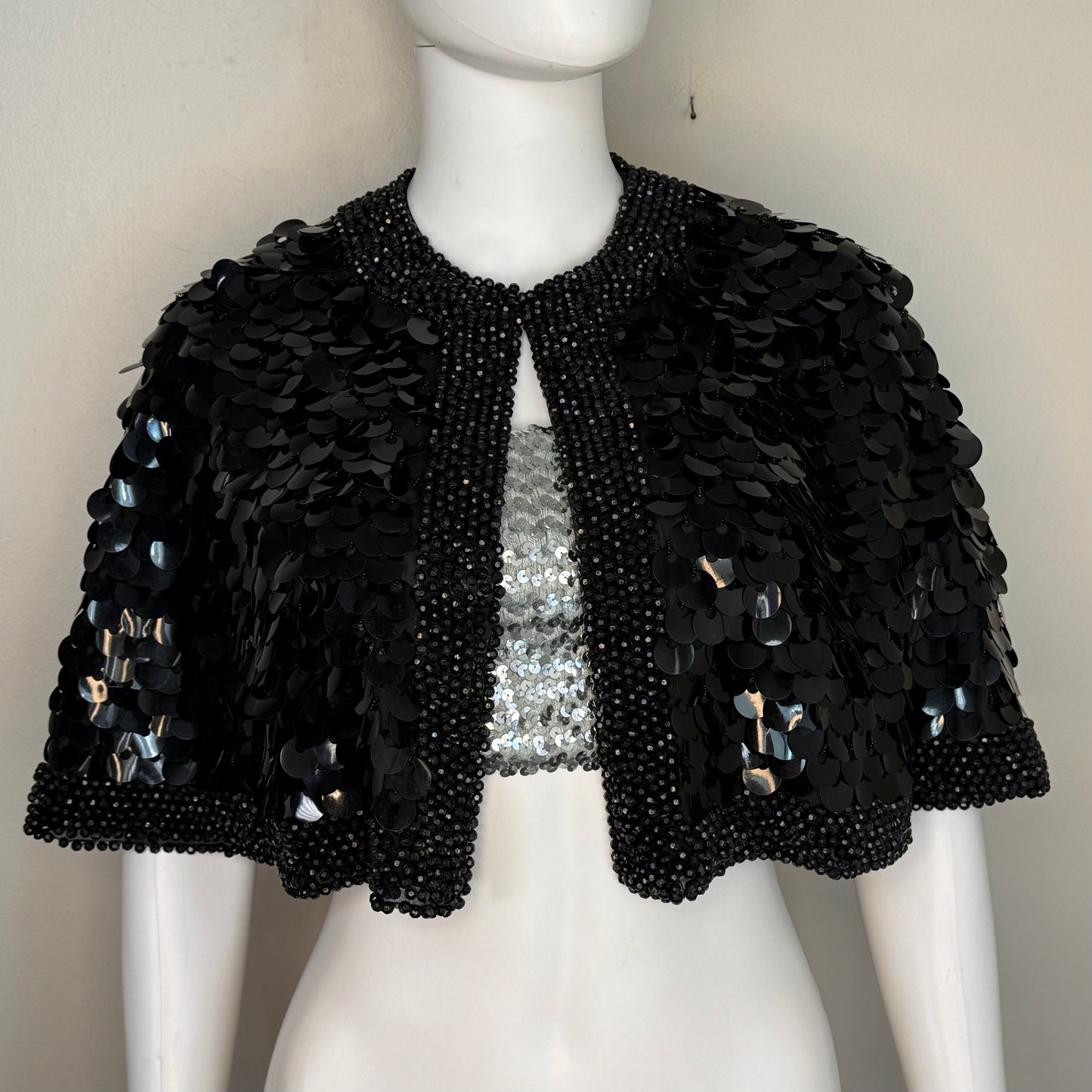 1960s Black Sequin and Beaded Cape, Silk Capelet, Size Small
