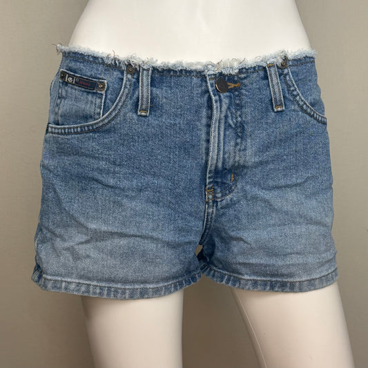 1990s/Y2K Low Rise Denim Shorts, L.E.I. Size 7, Raw Edge Waistband