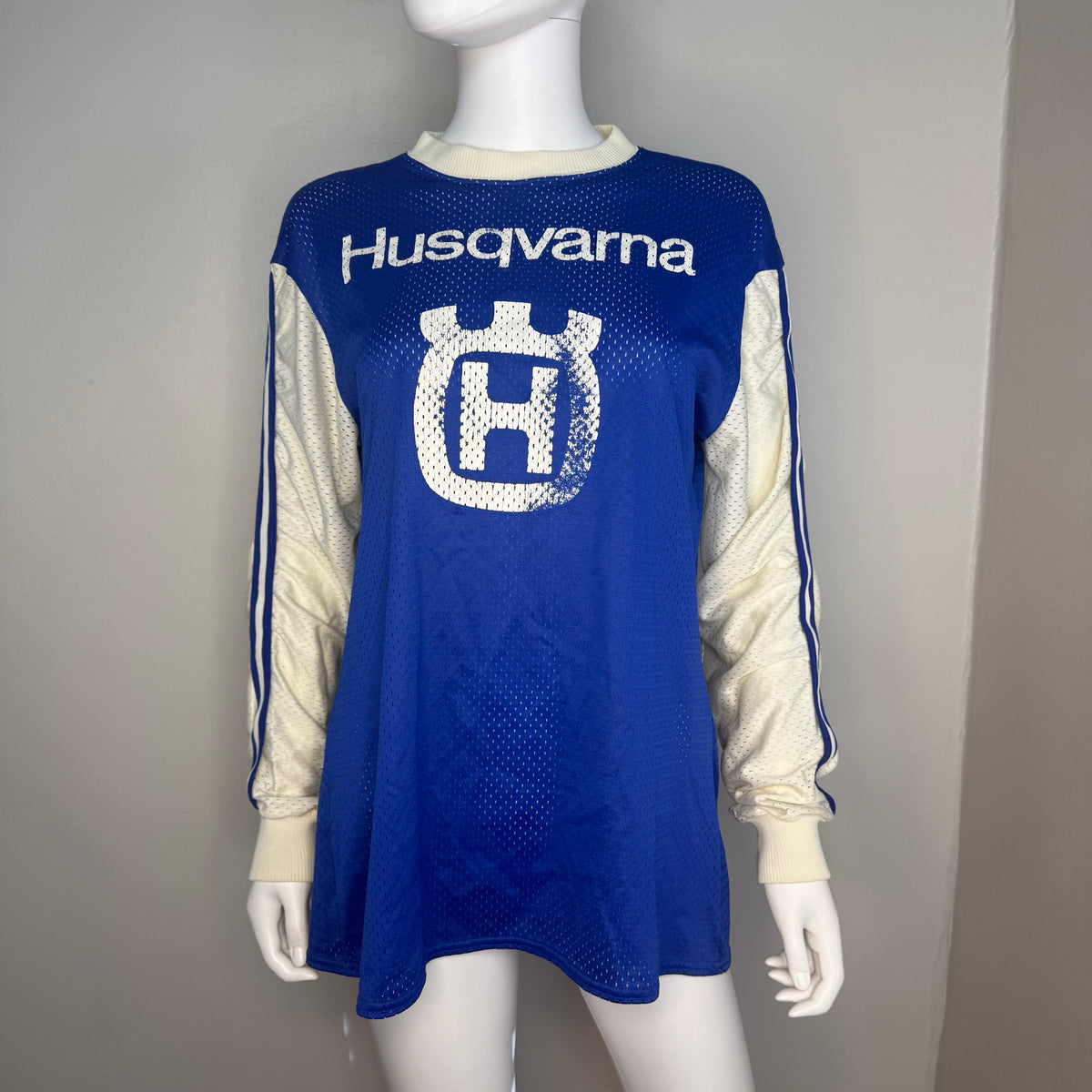 1970s Blue and White Mesh Motocross Husqvarna Jersey, Viking Size Large