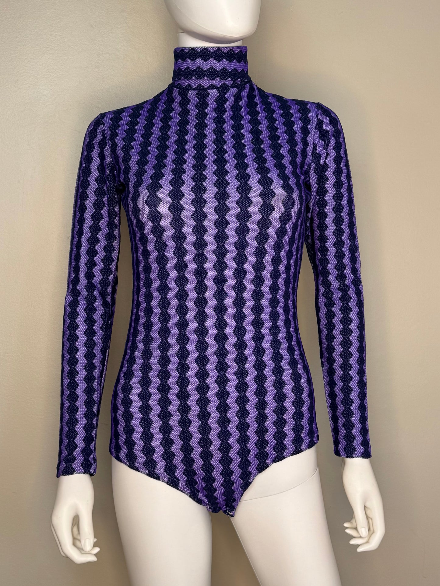 1970s Purple Striped Turtleneck Bodysuit, Hanes Size XS-Small