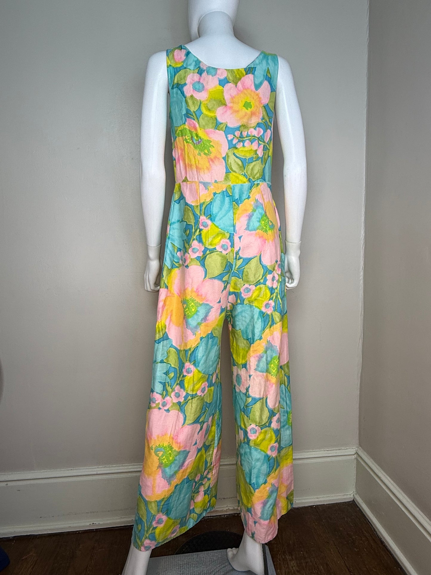 1960s Floral Cotton Sleeveless Jumpsuit, Front Zip, Wide Flare Leg, Size Small