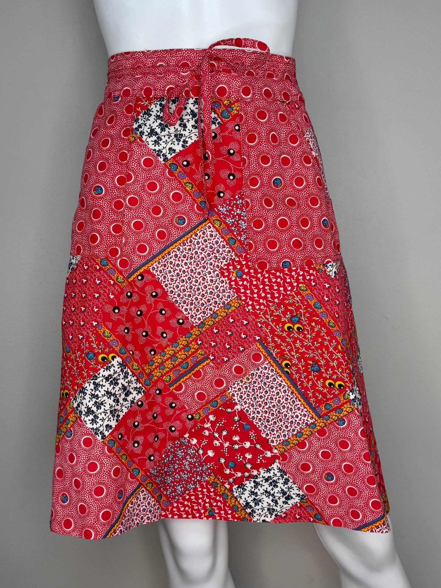 1970s Red Patchwork Print Wrap Skirt, Runky Size XS, Floral and Polka Dot