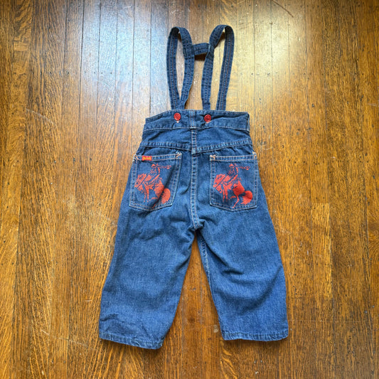 1950s Kids' Big Smith Suspender Blue Jeans, Cowboy Print Pockets, Size 2T