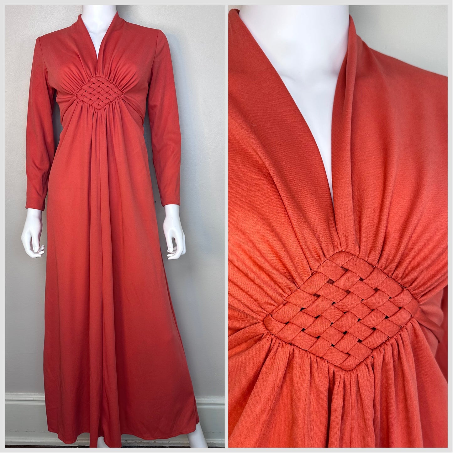 1970s Orange Maxi Dress, Size Small-Medium, Long Sleeve, Empire Waist