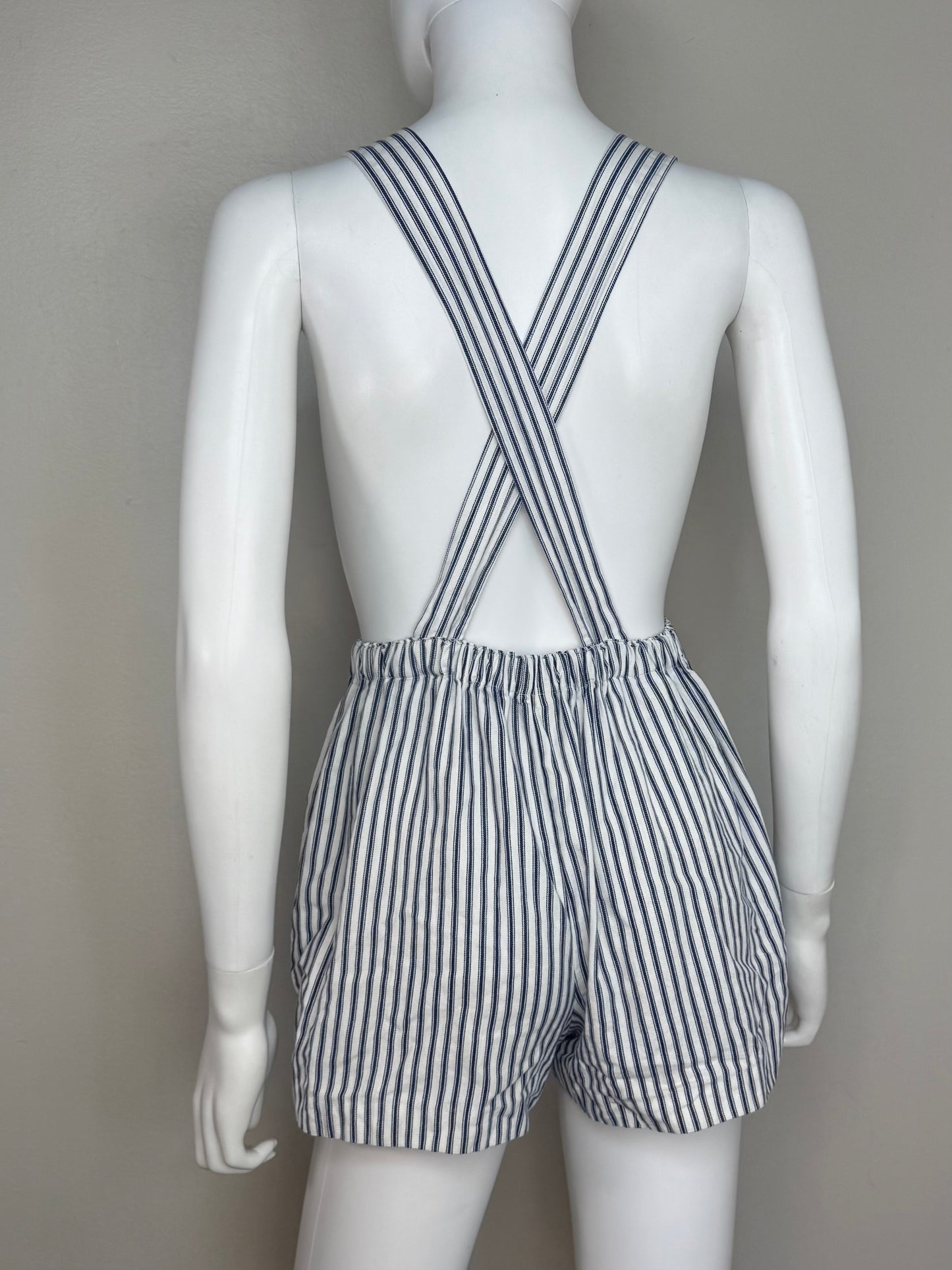 1970s Striped Low Back Overall Shorts with Apple Appliqué, Shortalls, Size X-Small