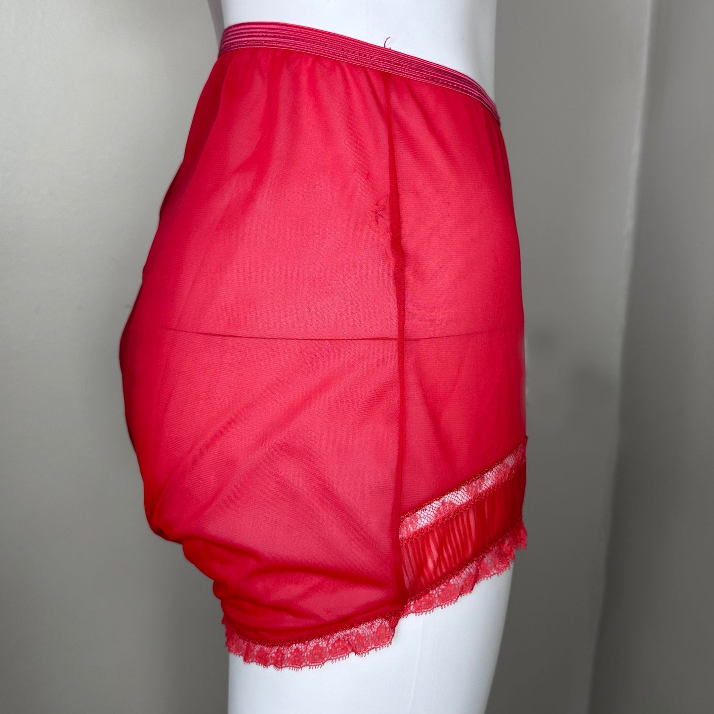 1950s Red Nylon High Waisted Panties with Knife Pleat Inserts, Styled by Gilbreath Size 9, Mushroom Gusset