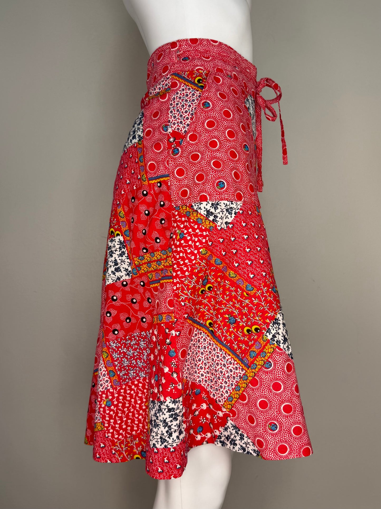 1970s Red Patchwork Print Wrap Skirt, Runky Size XS, Floral and Polka Dot
