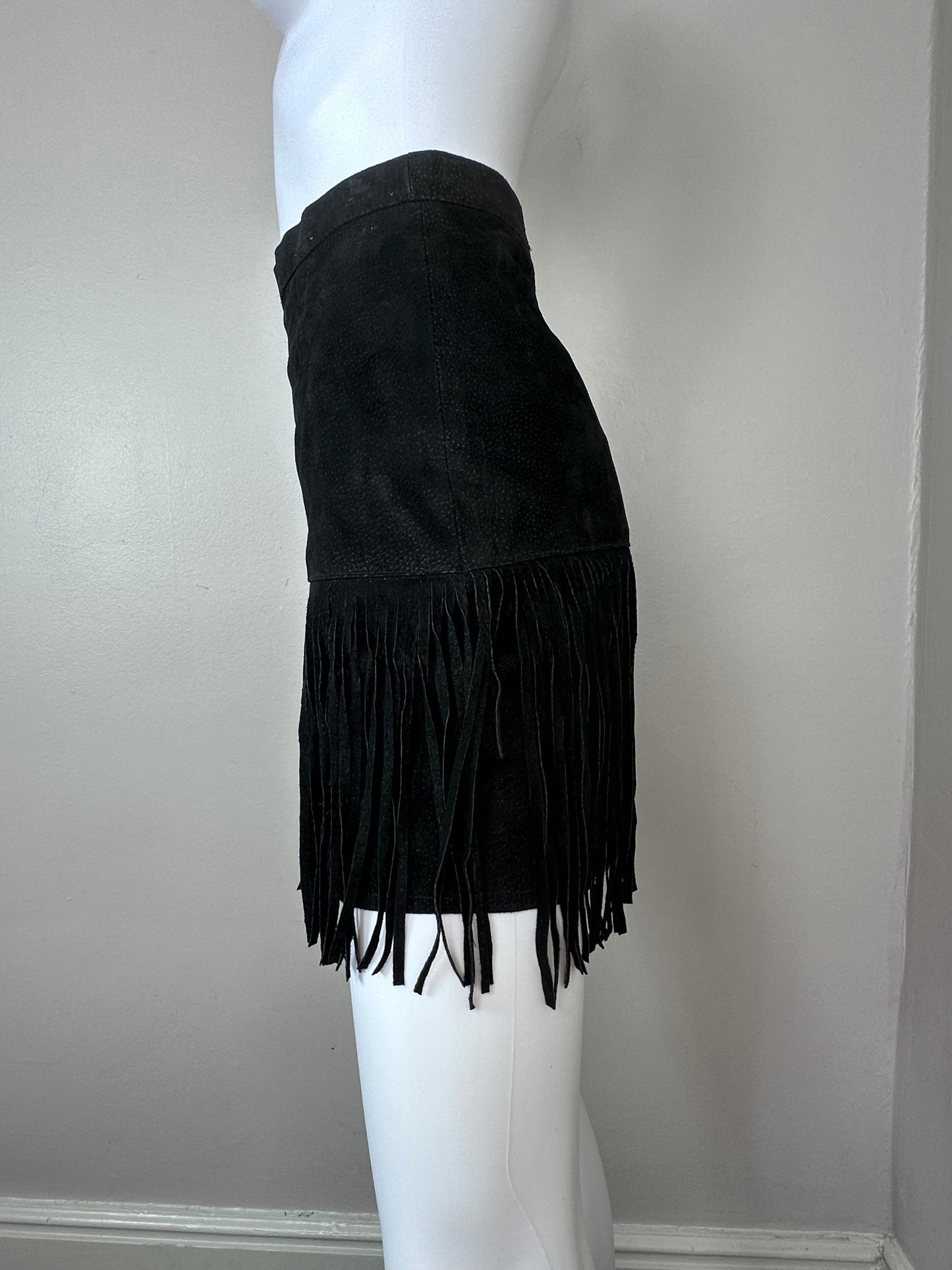 1980s Black Leather Mini Skirt with Fringe, S&U Leather Fashions Size XXS