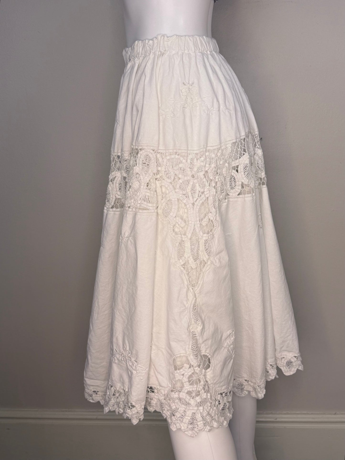1980s Upcycled Tablecloth Circle Skirt, White Cotton Lace, Handmade Size XS/S