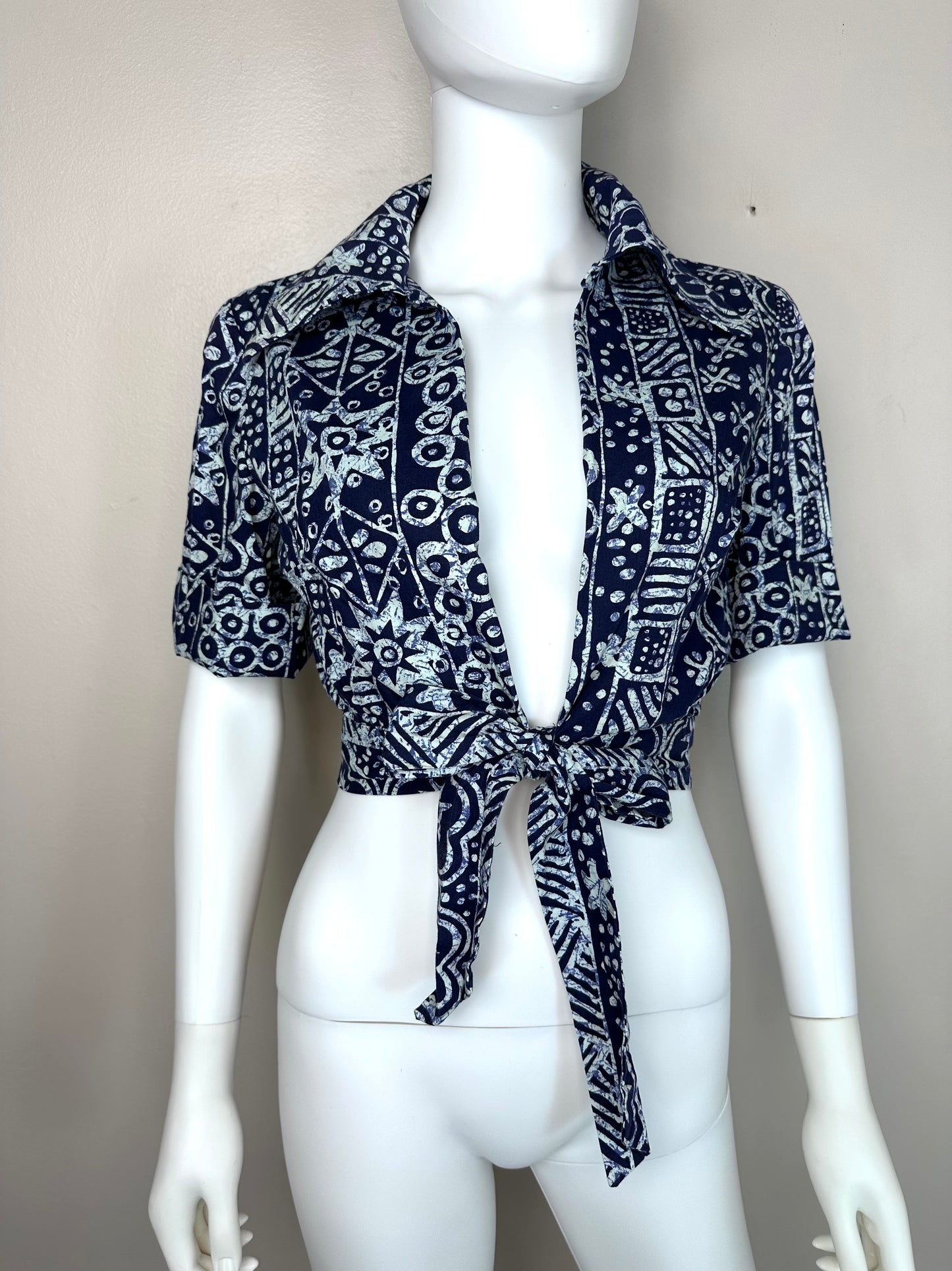 1960s/70s Batik Print Dress Set  Handmade Size Small, Sleeveless Dress and Tie Front Blouse