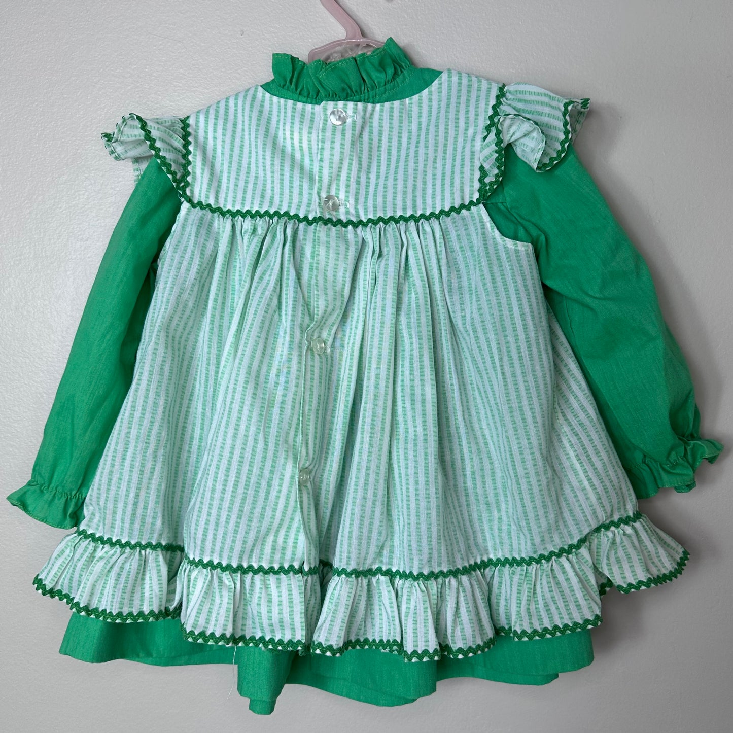 1970s/80s Green Stripe Pinafore Dress Set, Size 2T, Floral Applique