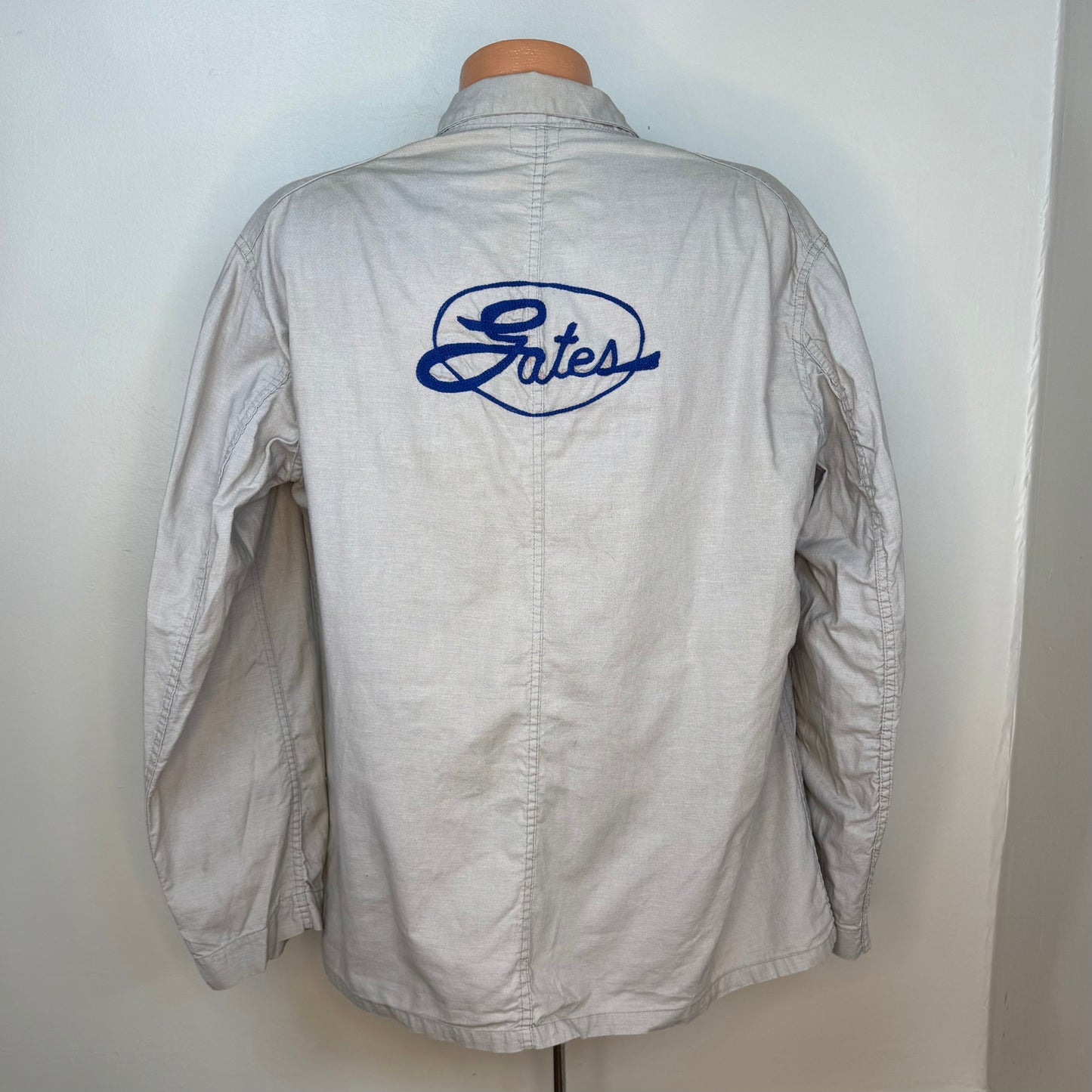 1950s Grey Auto Shop Coat Blazer, Size XL, United Size 46, Gates Chain Stitch Embroidery