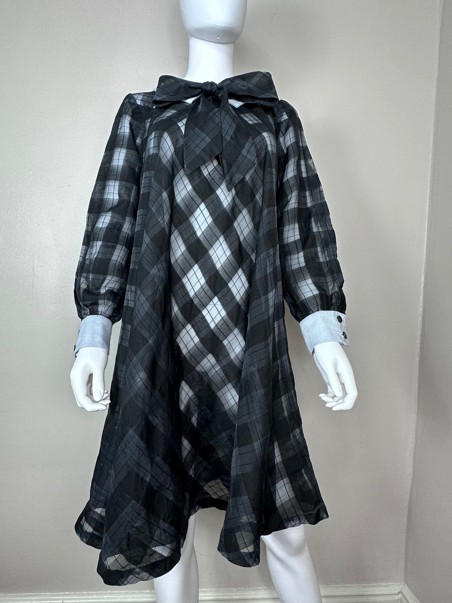 1960s Sheer Black Plaid Tent Dress, Fashionmaker Original Size S-M