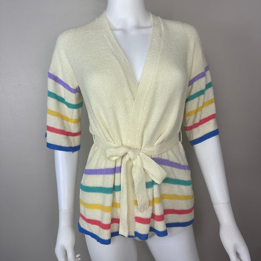 1970s Rainbow Stripe Belted Cardigan Sweater, Sheridan Creations Inc Size Small-Medium