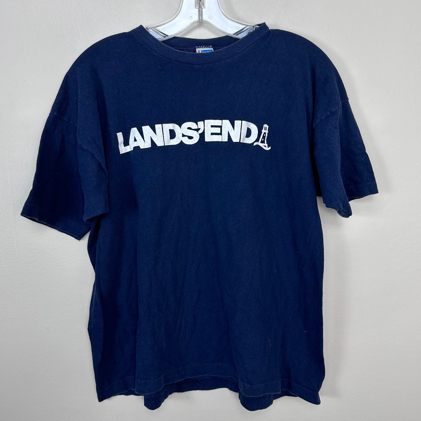 1970s Lands’ End Champion T-Shirt, Size XL, Navy Blue Spell Out