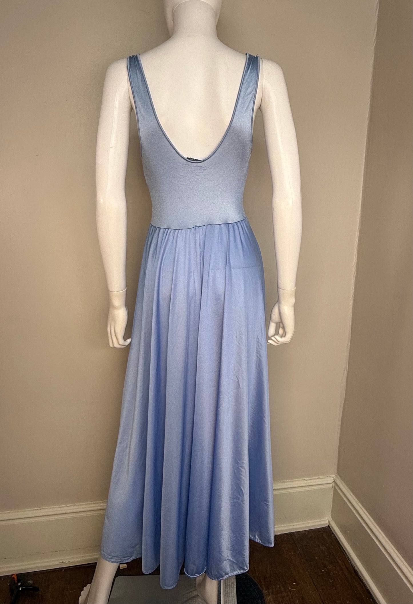 1970s Blue Nightgown with Full Sweep, Lace Cut Out Bodice, Lorraine Size XS-Small