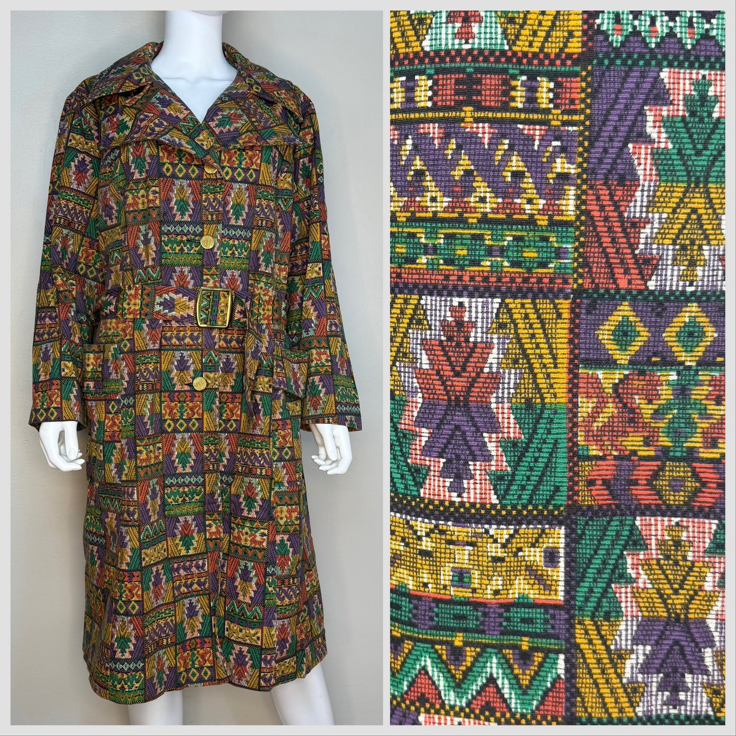 1970s Colorful Aztec Print Trench Coat, Sears Size Large-XL