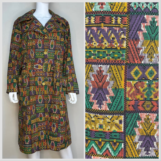 1970s Colorful Aztec Print Trench Coat, Sears Size Large-XL