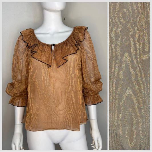 1980s Sheer Gold Blouse with Ruffle Neck, Size Medium