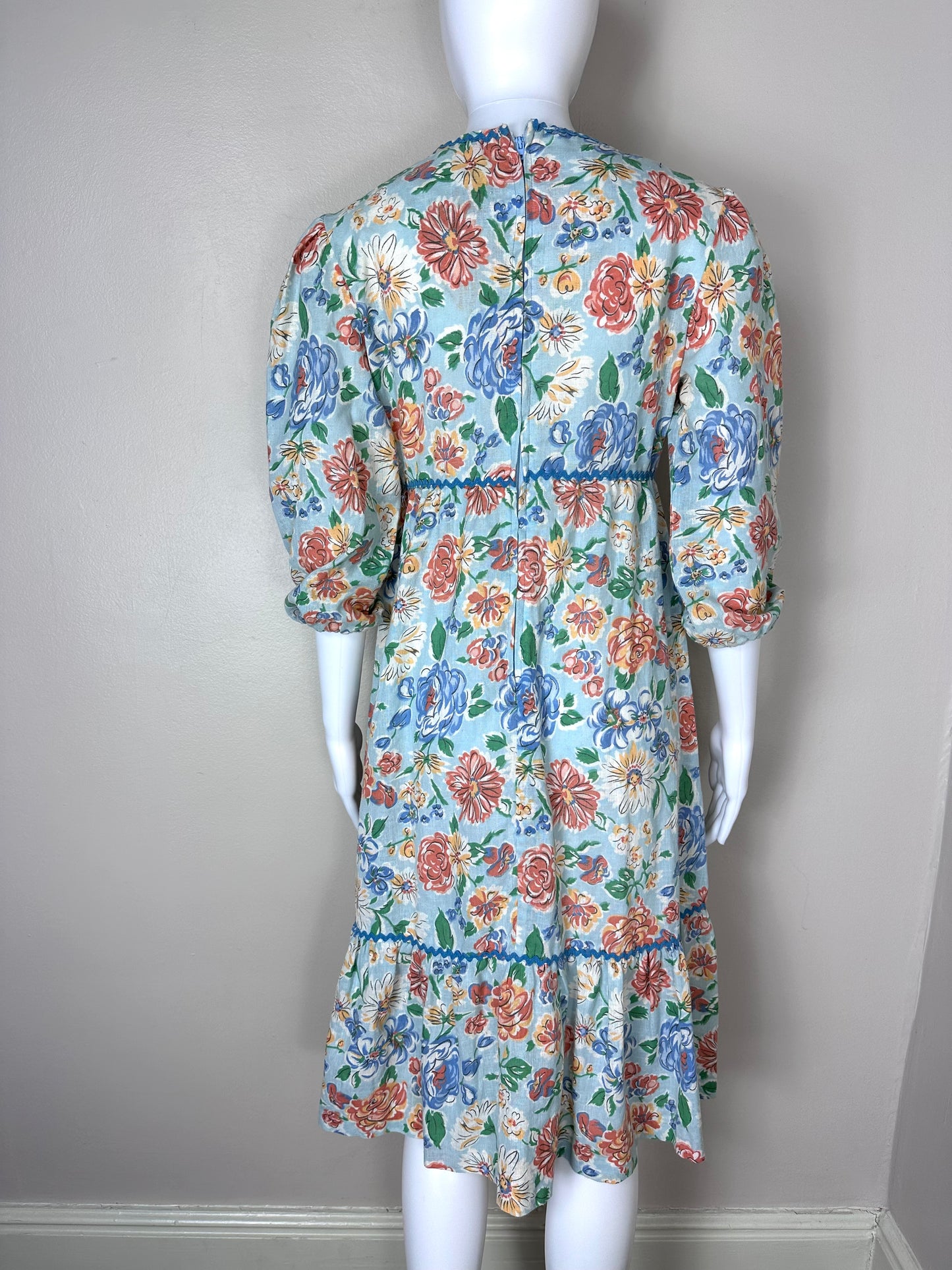 1970s Blue Floral Midi Dress, Prairie Peasant