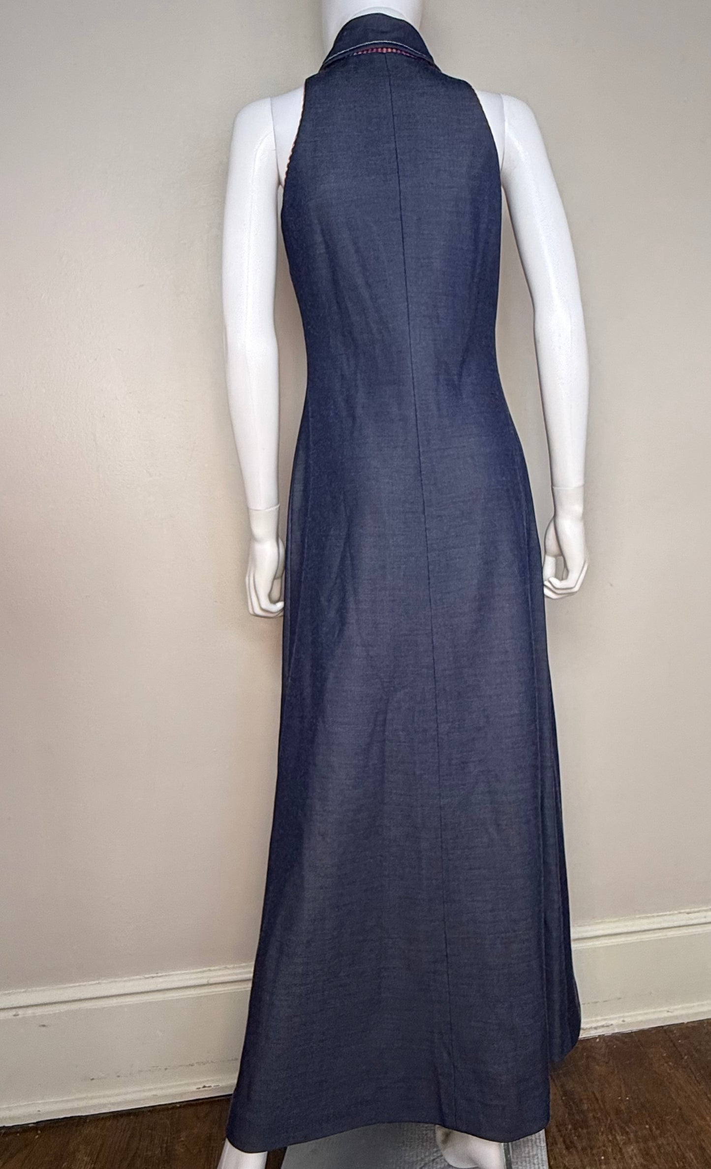 1970s Blue Double Knit Maxi Shirt Dress with Gingham Trim, Melissa Lane Size Small/Medium