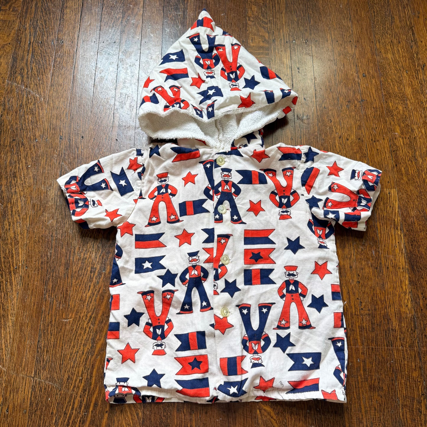 1960s/70s Kids’ Hooded Beach Shirt, Sailor Novelty Print, Sears Size 4/5