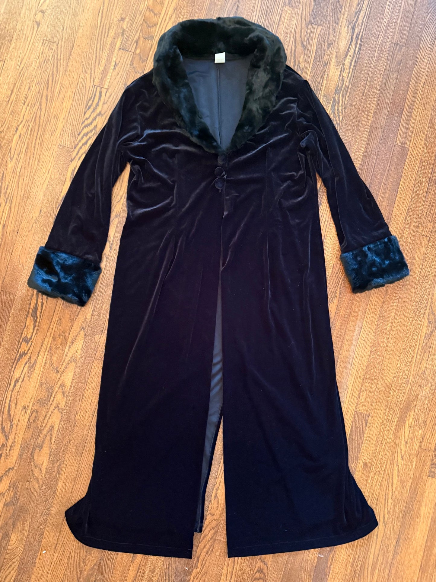 1990s/Y2K Black Stretch Velvet Duster Coat with Faux Fur Trim, bc Best Choice Size XL/XXL, 90s Goth