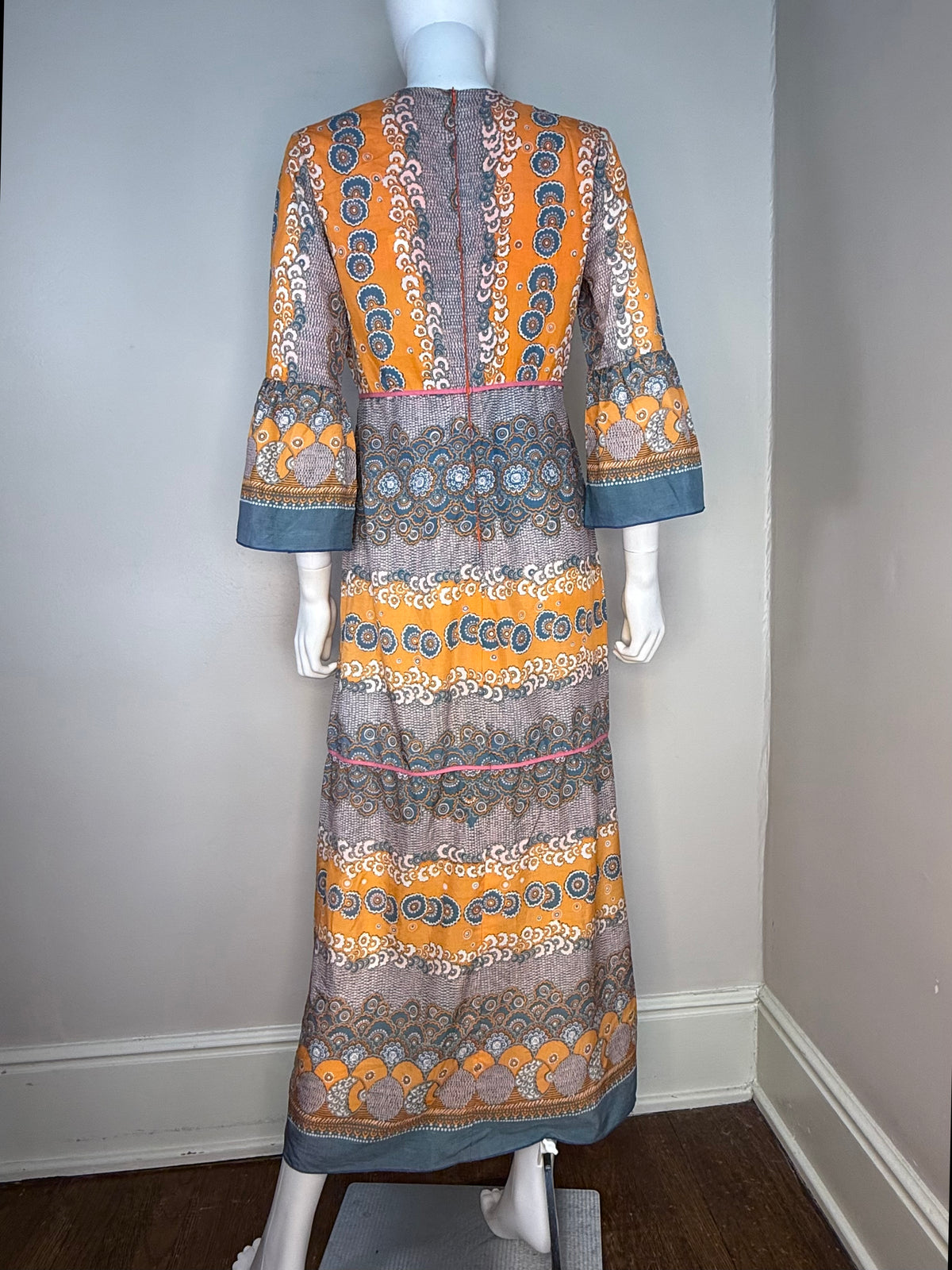 1960s Medallion Stripe Boho Maxi Dress with Bell Sleeves, Tava Model Denmark Size Small