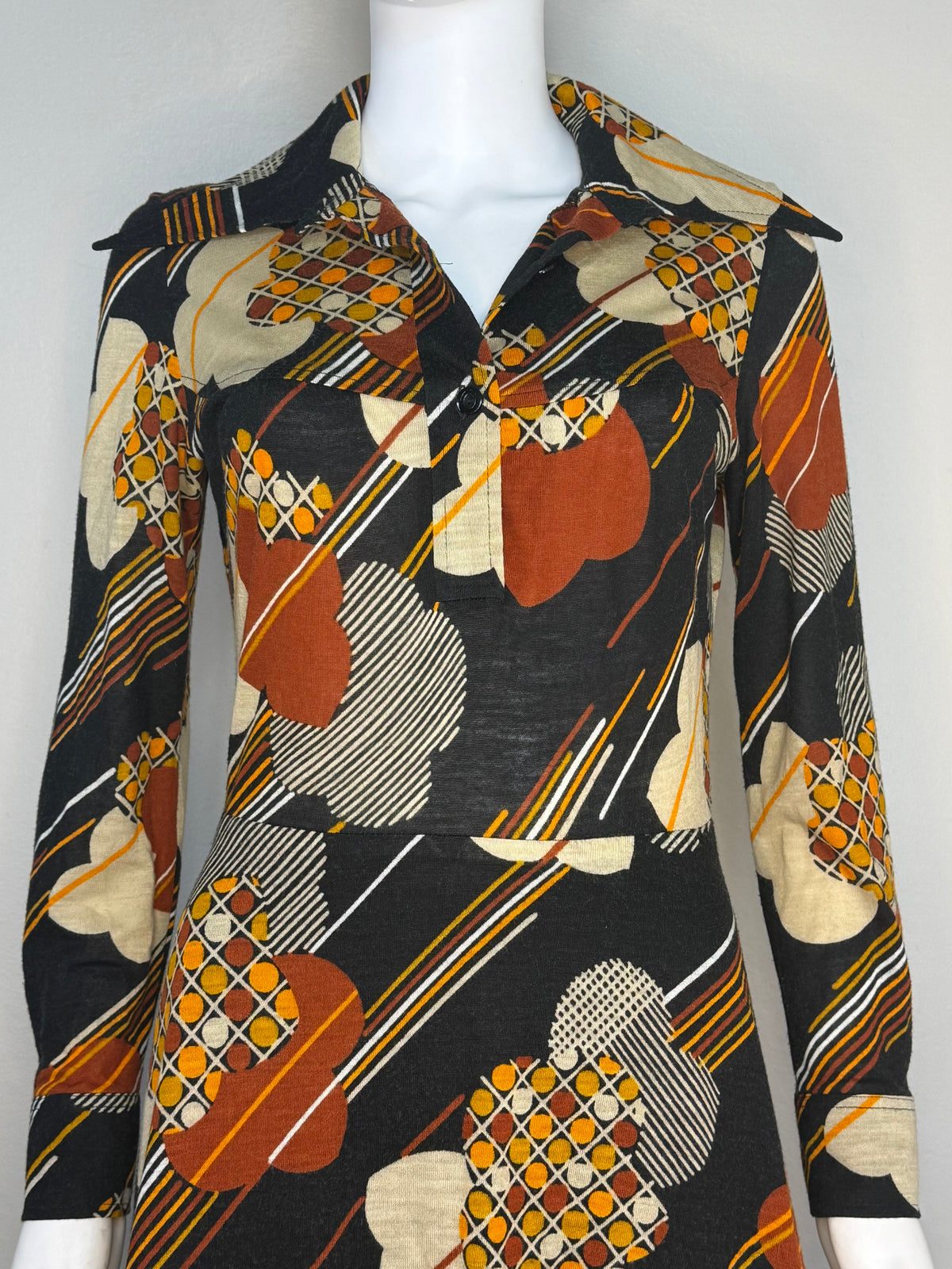 1970s Black and Brown Floral Long Sleeve Dress, Mobett Denmark Size Small