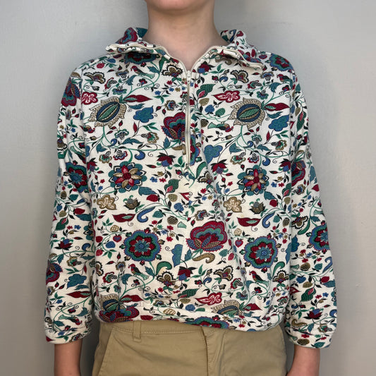 1960s Girls’ Floral Print Sweatshirt, Half Zip, Karinda of California Size 8