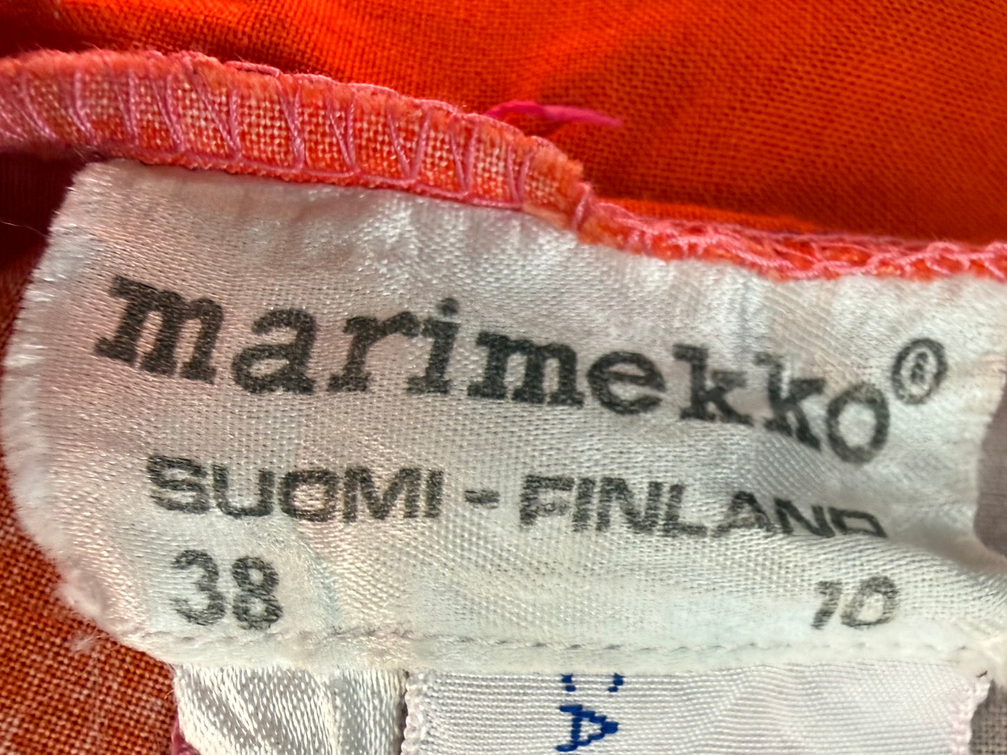 1960s Marimekko Midi Dress, Size Small, Sleeveless Sundress, Pink Orange and Grey Bold Wide Stripes, Suomi Finland, Design Research, Dated 1967