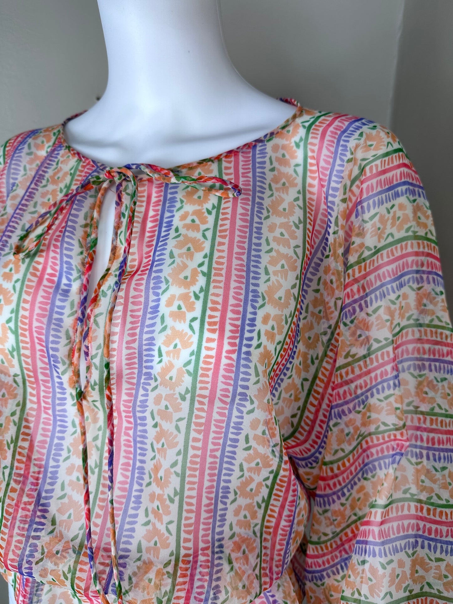 1970s Sheer Floral Stripe Blouse with Balloon Sleeves, Size XS-Small