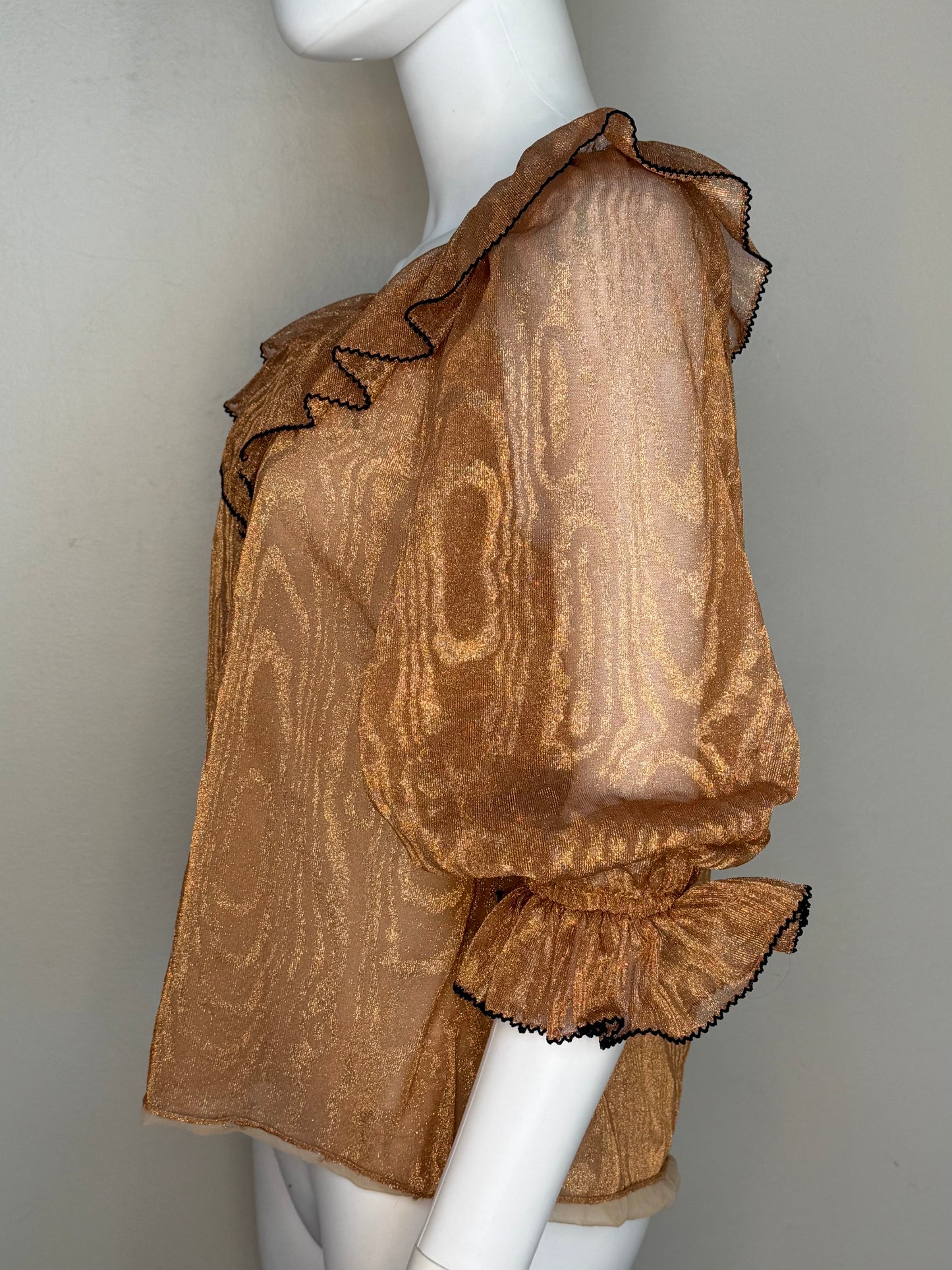 1980s Sheer Gold Blouse with Ruffle Neck, Size Medium