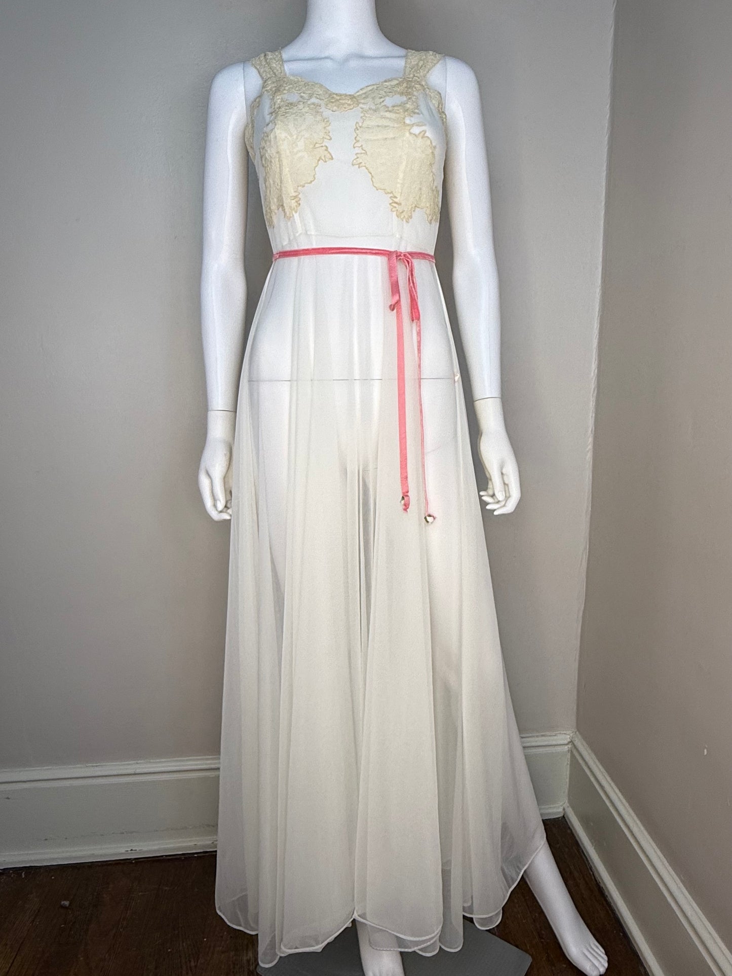 1950s Full Length Peignoir Set with Full Sweep, Sheer Off White Nylon with Cream Lace and Pink Ribbon, Yolande Size 32, XS, Night Gown and Robe, Bridal Lingerie