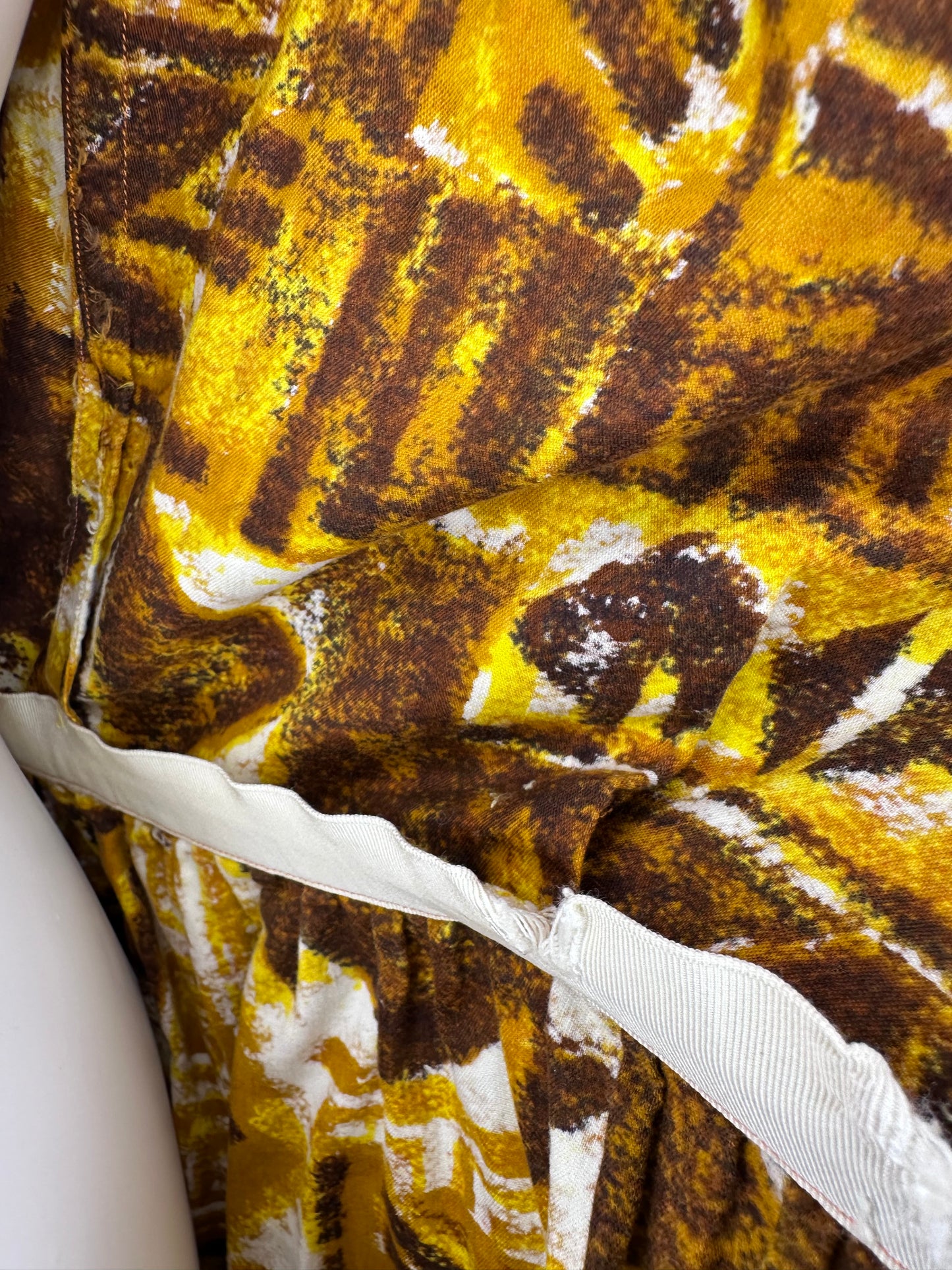 1960s Yellow Tiki Print Dress with Huge Neck Bow Size XS