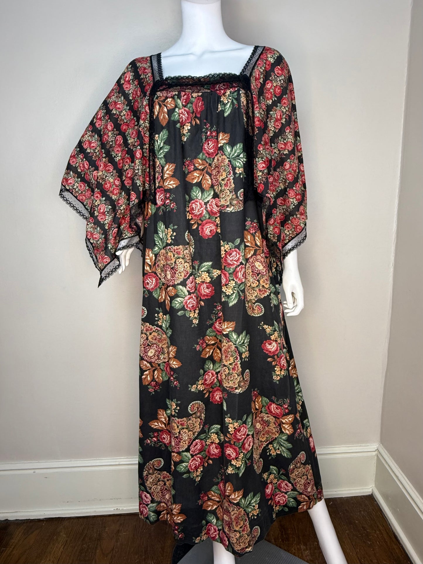1970s Black Rose Caftan Dress with Wide Scarf Sleeves, Dutchmaid Size Large