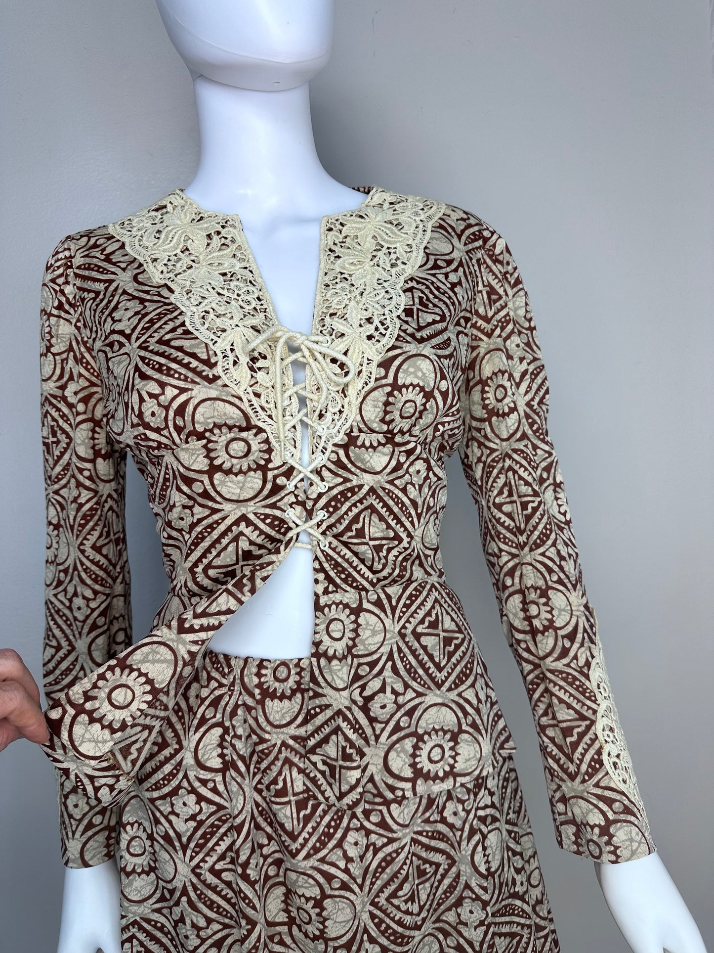 1970s Lace Up Peplum Blouse and Mini Skirt Set, Size Medium, Lace Applique, Tiki Print