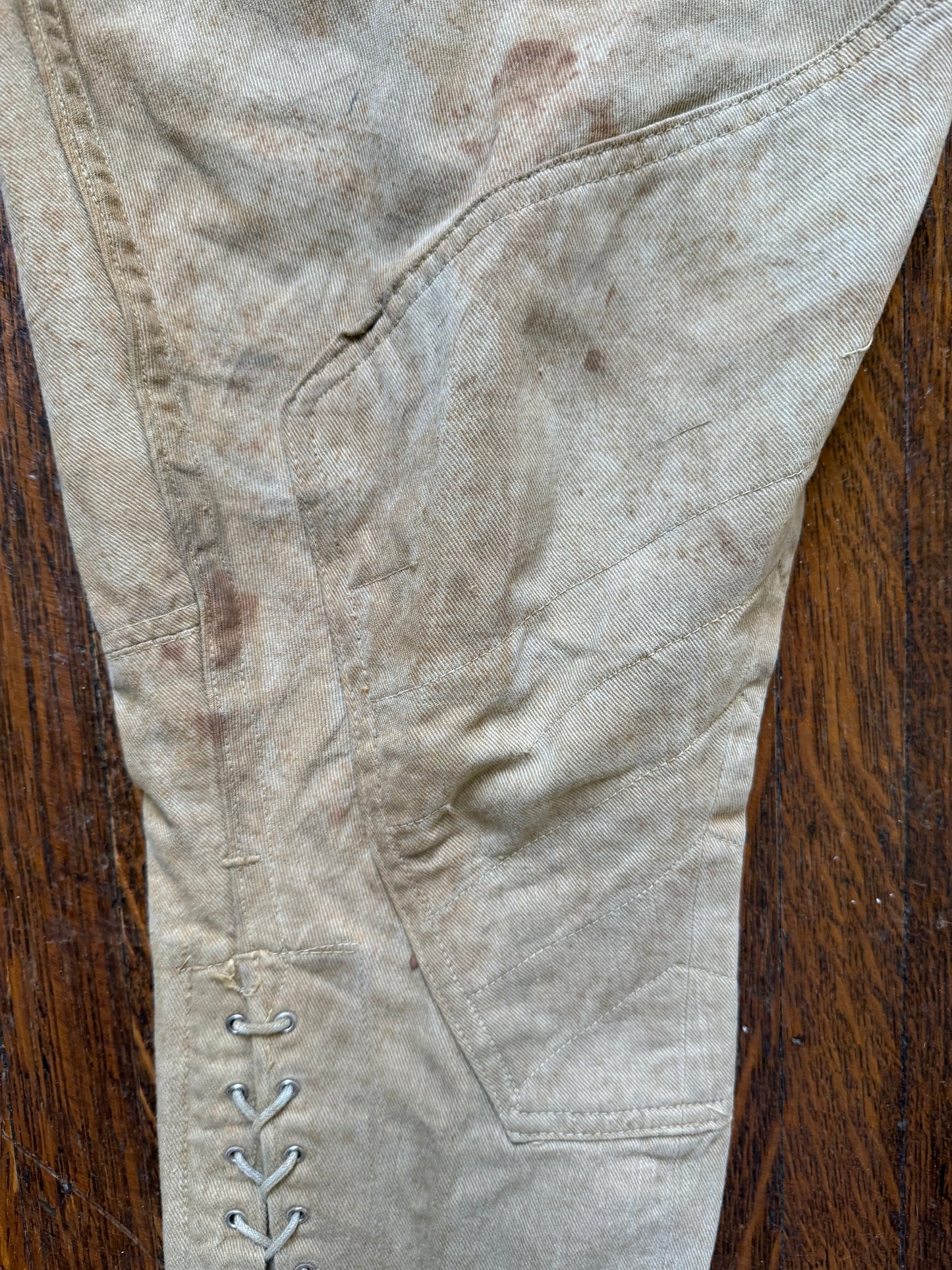 1910s WW1 Khaki Canvas Jodhpurs Pants, Summer Riding Breeches, Distressed Patina, 33"x26.25"