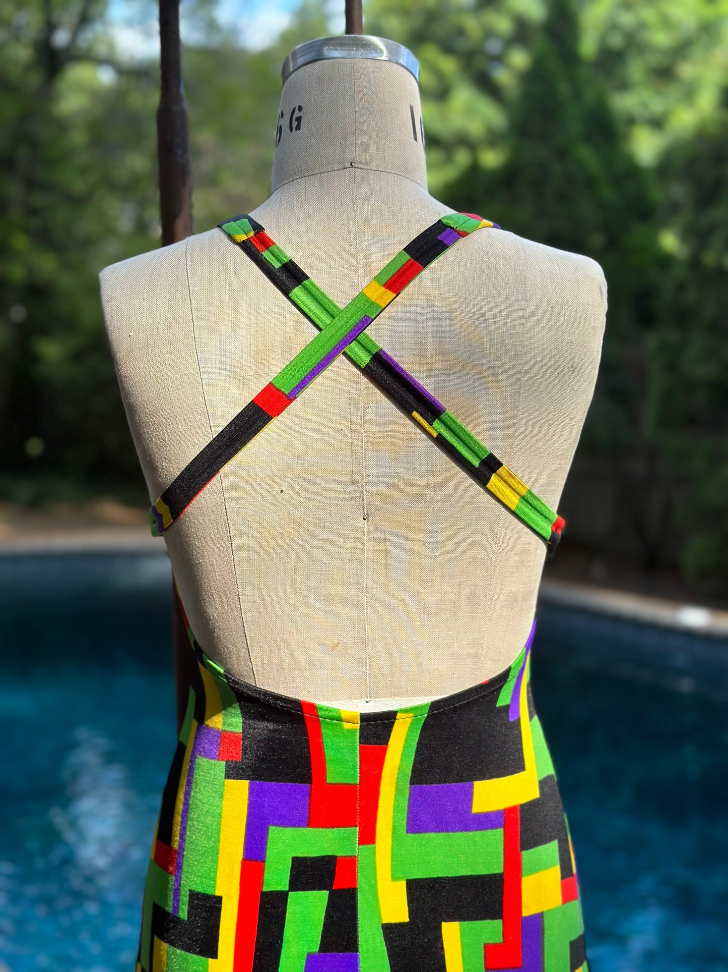 1970s Geometric Print Swim Dress, Elizabeth Stewart Size XS