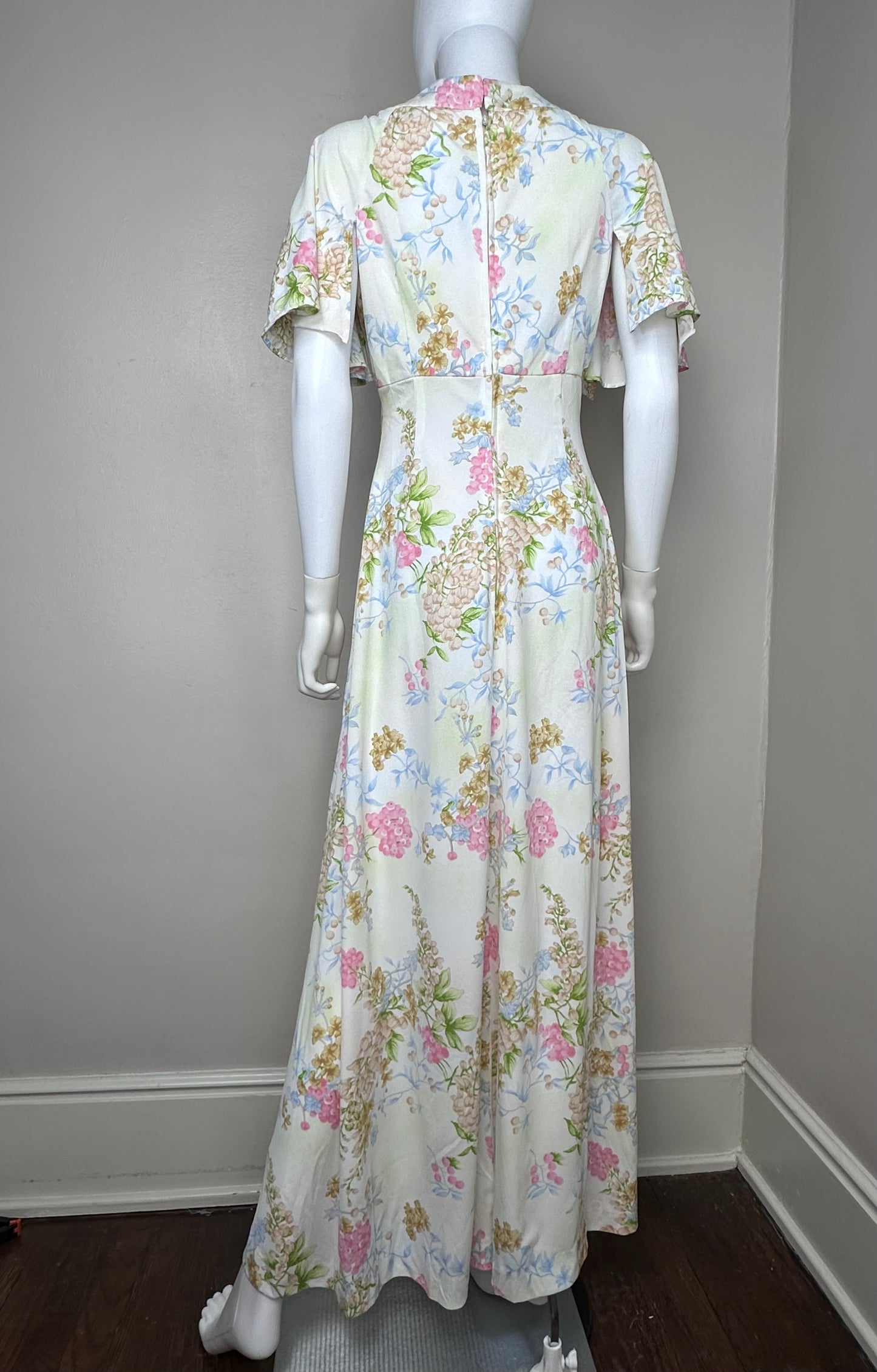 1970s Cream and Pink Floral Maxi Dress, Handmade Size Medium