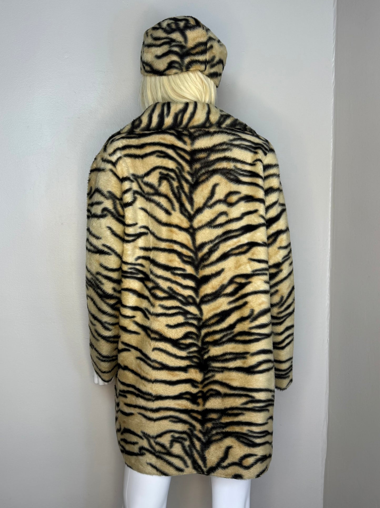 1960s Tiger Print Faux Fur Coat and Hat Set, Handmade Size Medium-Large