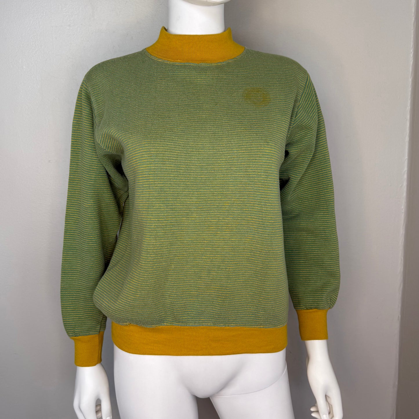 1960s Green and Yellow Micro Stripe Sweatshirt, Champion Size Medium, Running Man Tag, Mock Neck