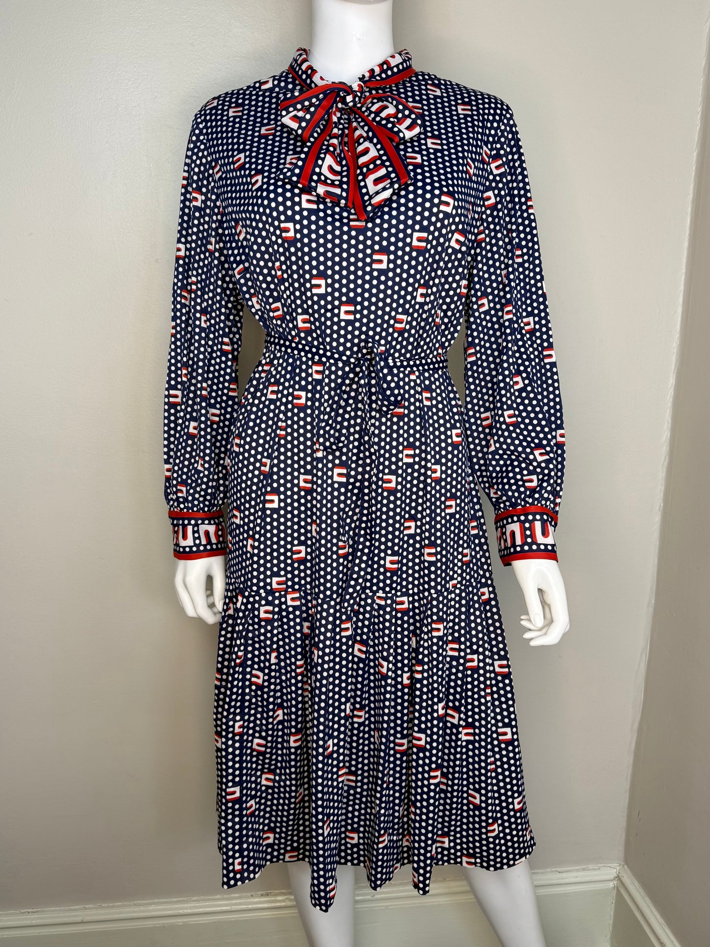 1960s/70s Polka Dot Dress with Pussy Bow Neck, A Mendel Creation Size XL