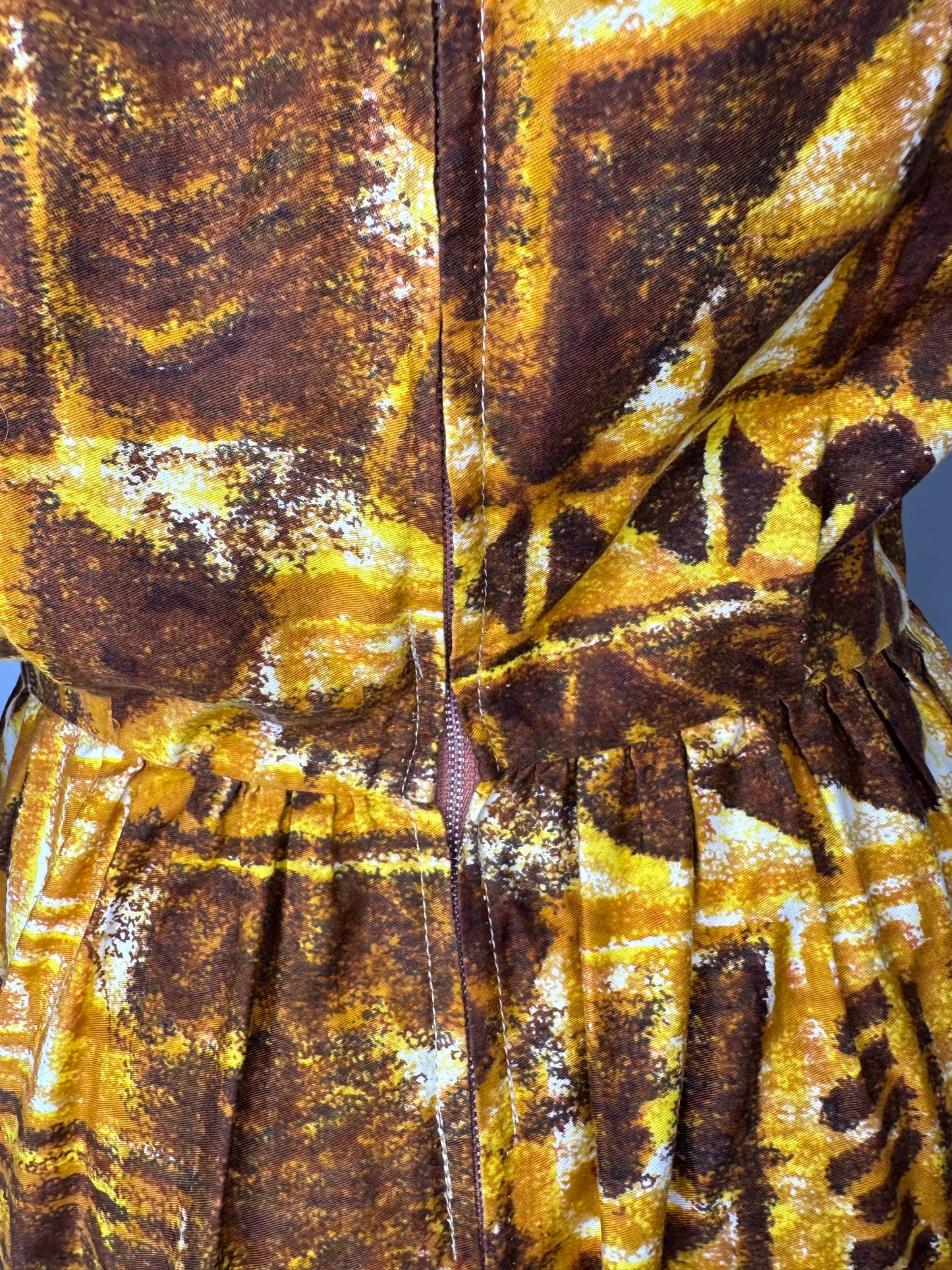 1960s Yellow Tiki Print Dress with Huge Neck Bow Size XS