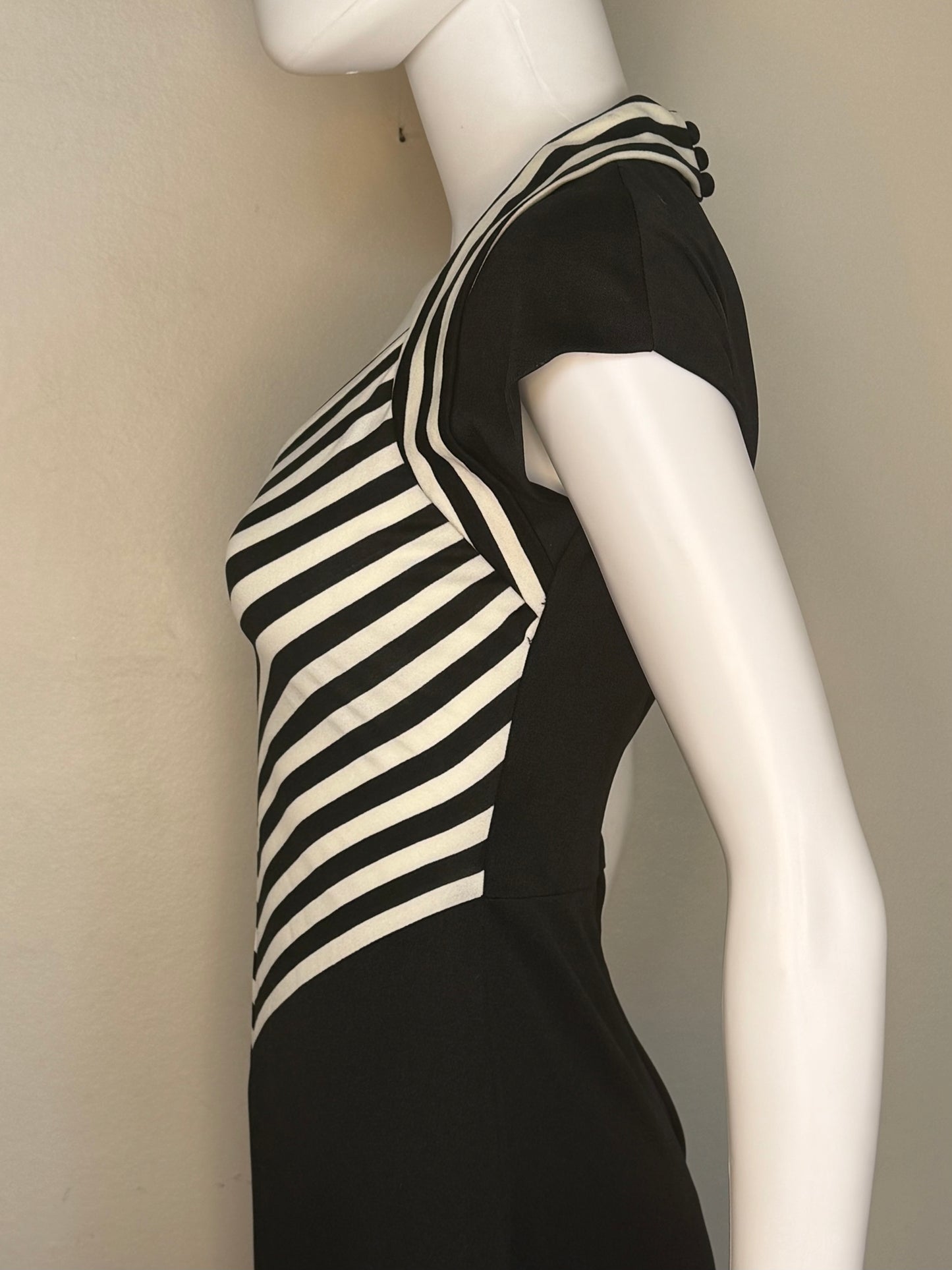 1970s Black and White Stripe Maxi Dress, Patricia Fair Size XS, Cut Out Open Back