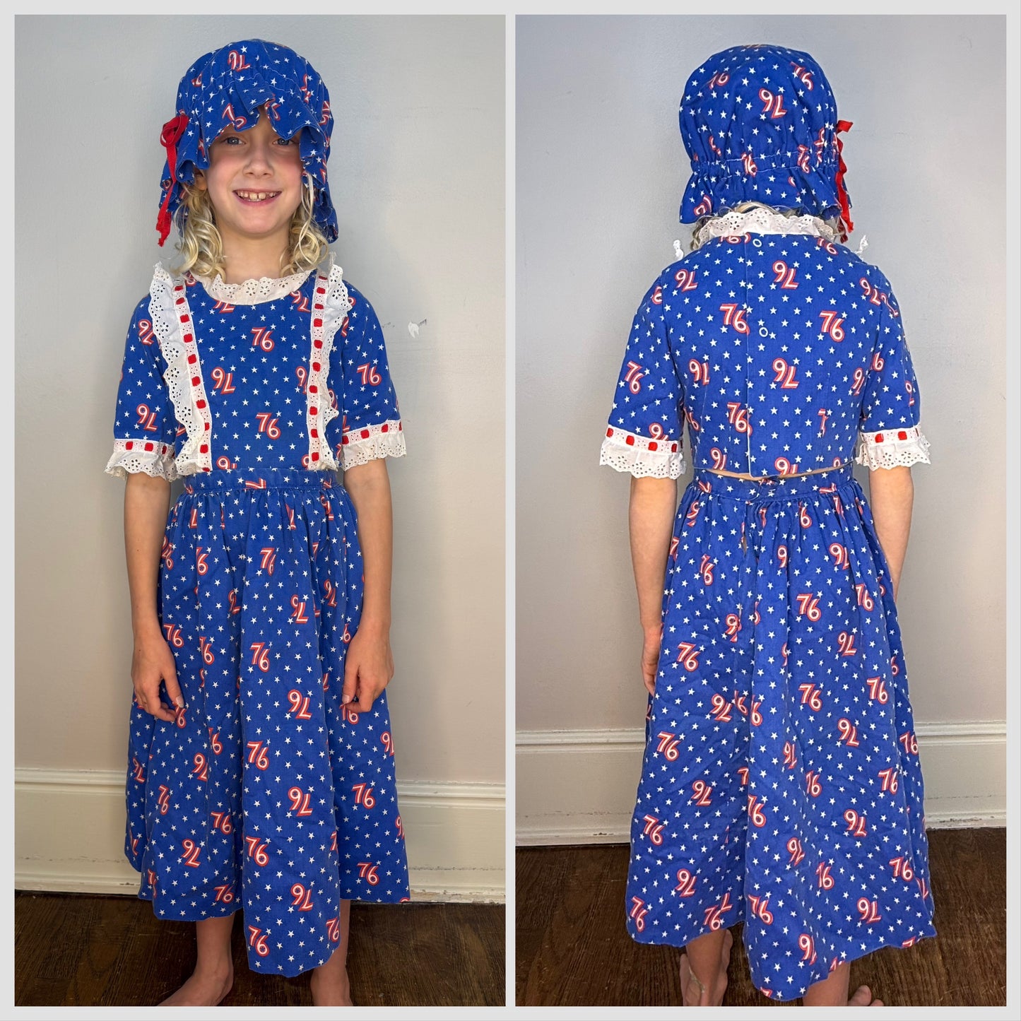1970s USA Bicentennial 76 Print Girl’s Costume, Top Skirt and Hat, Handmade Size 4/5, Spirit of 76
