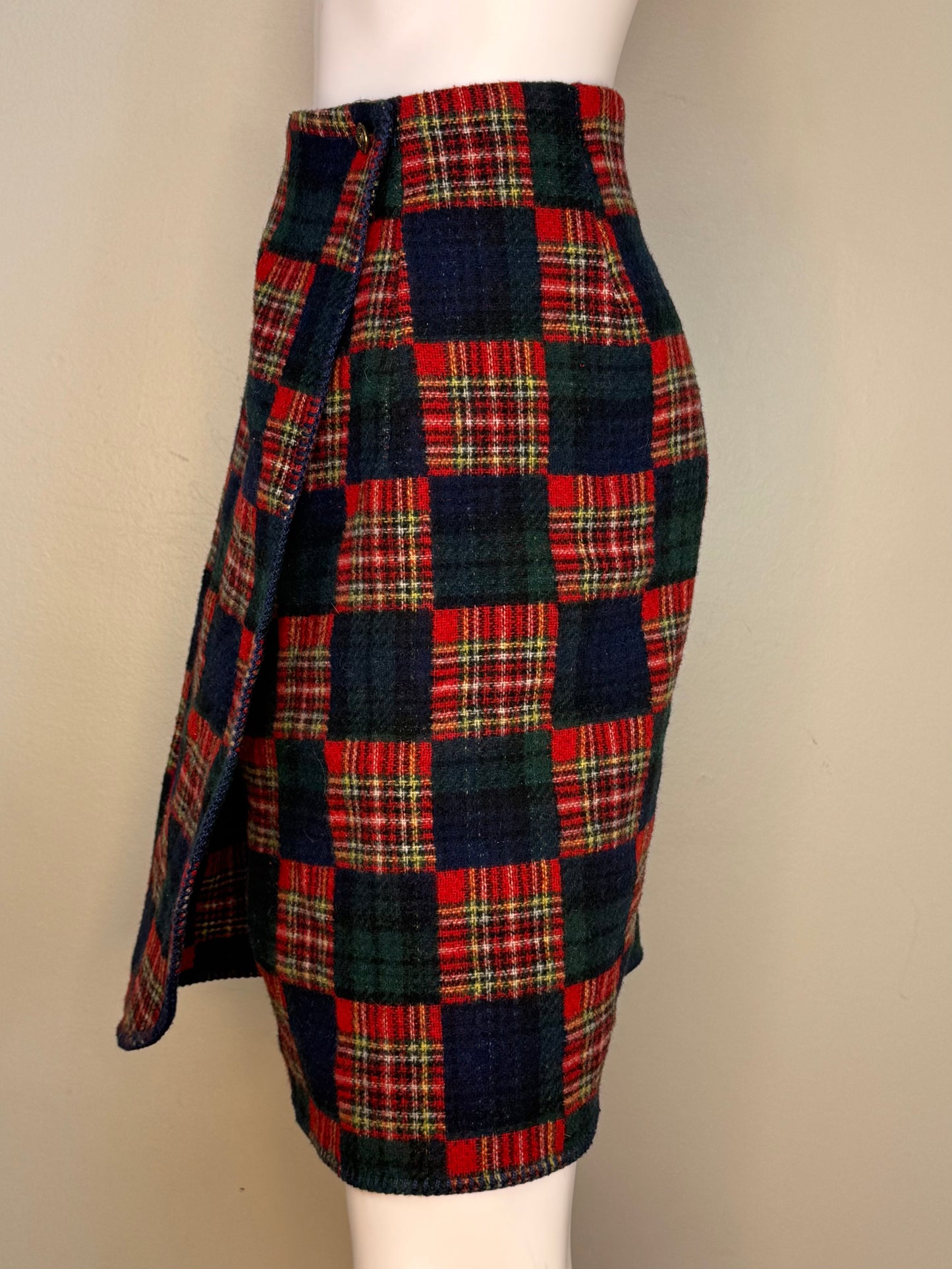 Vintage 1990s Plaid Wrap Skirt, Eleanor Colton Size Medium, Wool Blend