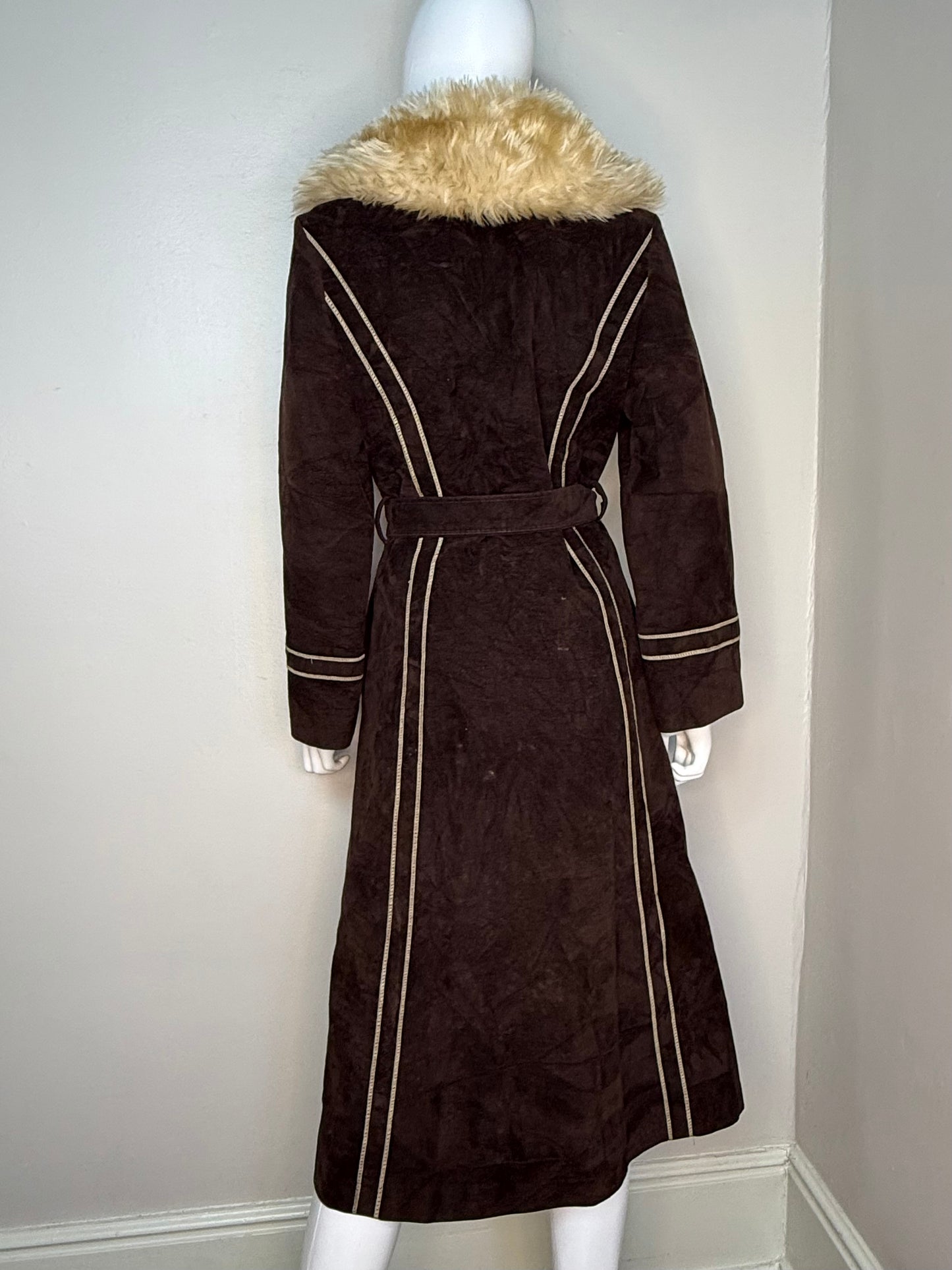 1970s Brown Velvet Coat with Faux Fur Collar, Size Small, Penny Lane